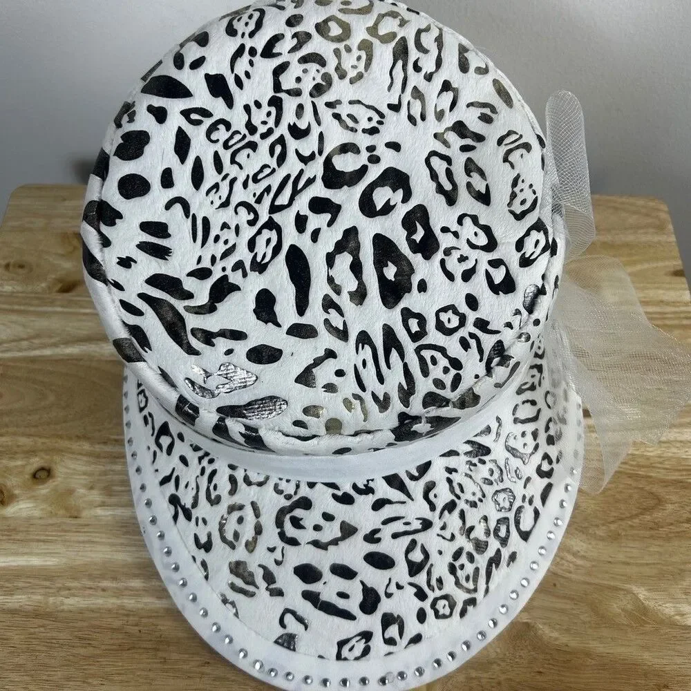 Unbranded Leopard Print Bucket Hat White Gold Metallic Rhinestone Bow One Size